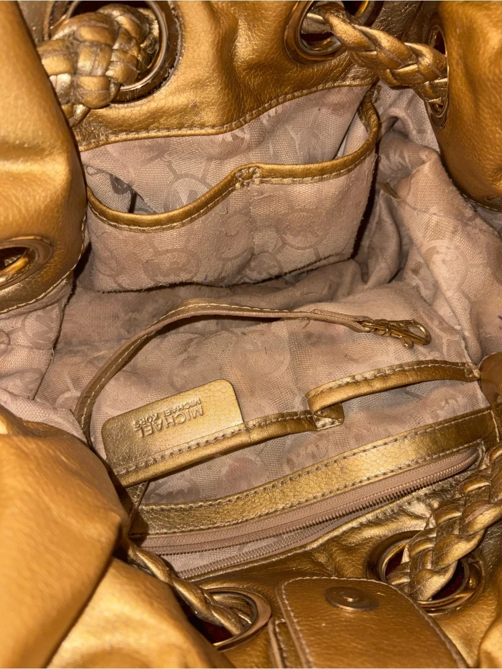 Michael Kors Tan Braided Tassel Hobo with Gold-Tone MK Charm- Vintage